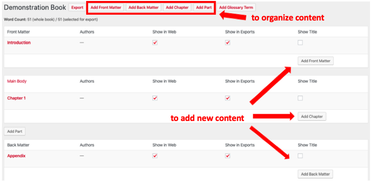 Screenshot of "Organize" Page from the PressBooks authoring dashboard