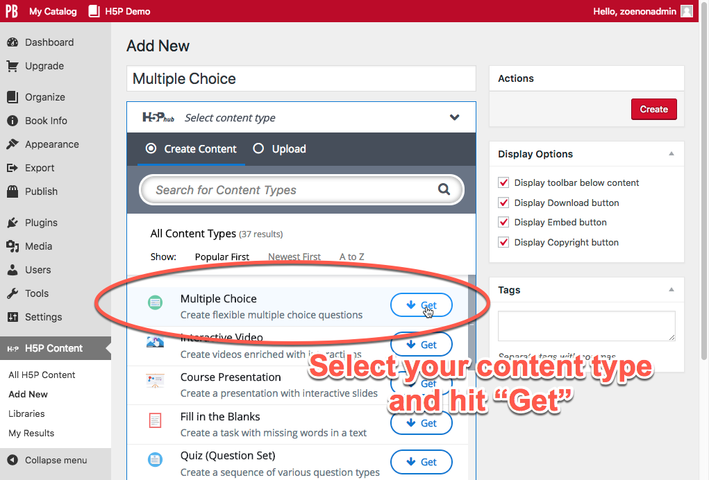 Screentshot of the Pressbooks Admin interface highlighting the step to select your content type and select "Get" in order to download that content type.