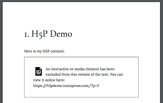 Screenshot of a PDF of a Pressbooks page with H5P content on it. This will display a link for readers to view the content onlin.e.