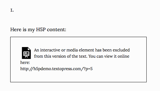 Screenshot of a epub version of a Pressbooks page with H5P content on it. This will display a link for readers to view the content onlin.e.