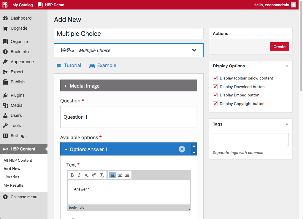 Screentshot of the Pressbooks Admin page showing the interface for adding a multiple choice question in H5P