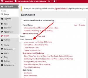 Screenshot directing to select Export then Cover Generator from the left menu