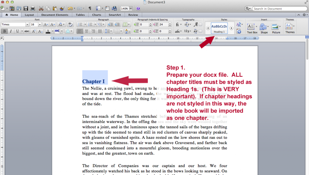 Step 1 Set Up Your docx File with Heading 1 used to identify chapters