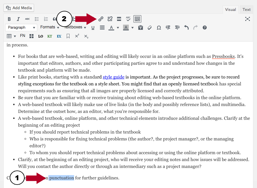 Screenshot showing to Highlight text and select the link icon in the text editor