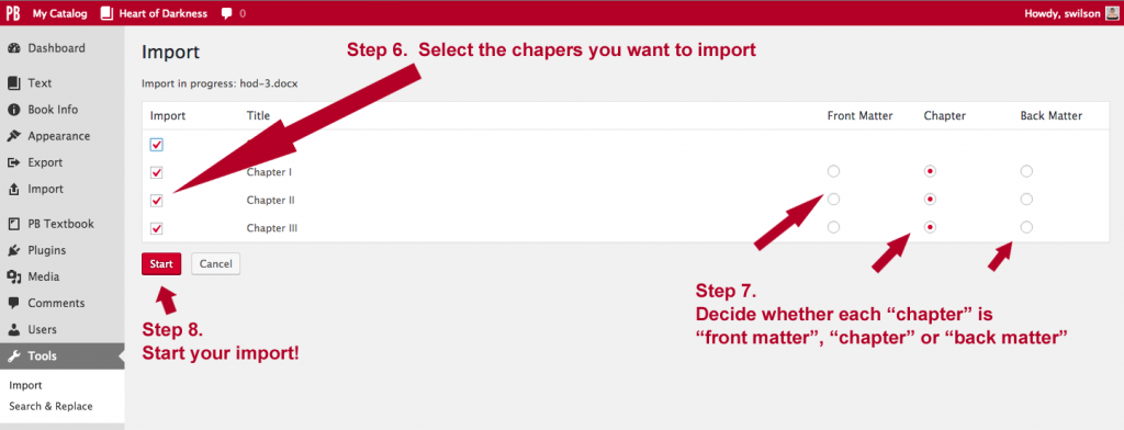 Screenshot directing to select chapters, add to specific Parts of the book, and Save