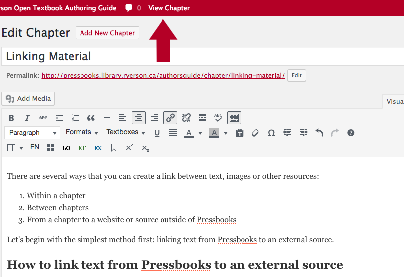 Screenshot showing to select View Chapter to retrieve chapter link. Anchor link is added at the end of this to use to link to anchor on separate page.