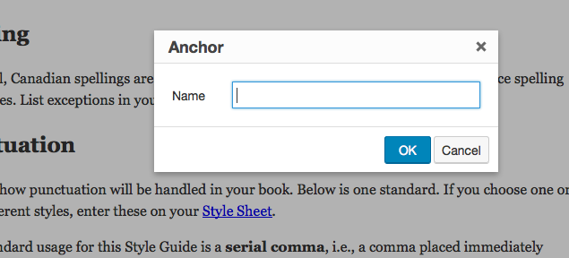 Screenshot of where to add anchor name after selecting this option from the text editor