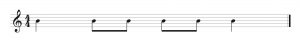 One quarter note, two eighth notes, two eighth notes, and one quarter note. Image description available.