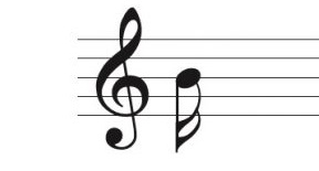 Image of staff and treble clef. 16th note is placed on center line