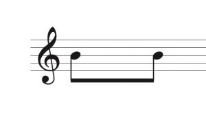 Image of staff and treble clef. Two 8th notes are placed on center line