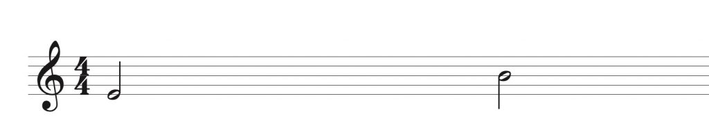 Image of staff, treble clef and 4/4 time signature. Half notes are placed on bottom line (E) and third line (B)