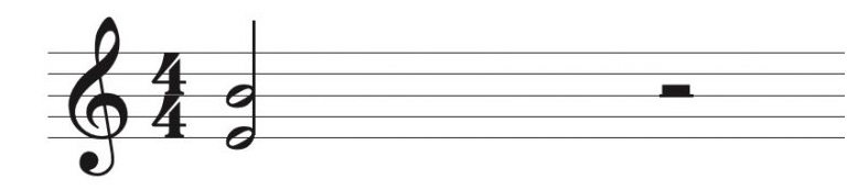 Image of staff, treble clef and 4/4 time signature. Half notes are stacked on bottom line (E) and third line (B).