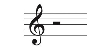 Image of staff and treble clef. Half rest sits on third line