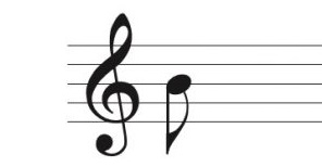 Image of staff and treble clef. 8th note is placed on center line