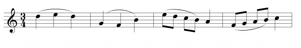 A staff with a treble clef and 3/4 time signature. Notes are on the staff, with curved lines grouping 3-5 notes together.