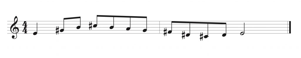 Image of staff, treble clef and 4/4 time signature. Notes are written with 5 accidentals placed beside notes.