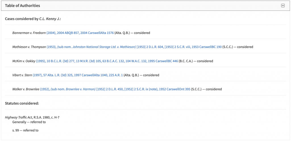 Table of Authorities showing cases and statutes considered by Justice C.L. Kenny, including six cases and the Highway Traffic Act, R.S.A. 1980, c. H-7.