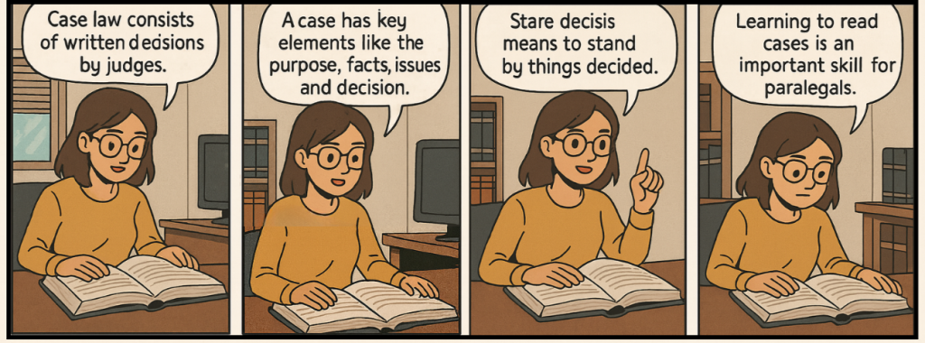 Four-panel comic of a paralegal reading a book and explaining: case law is written decisions by judges, a case has key elements like purpose, facts, issues, and decision, stare decisis means to stand by things decided, and learning to read cases is an important skill for paralegals.