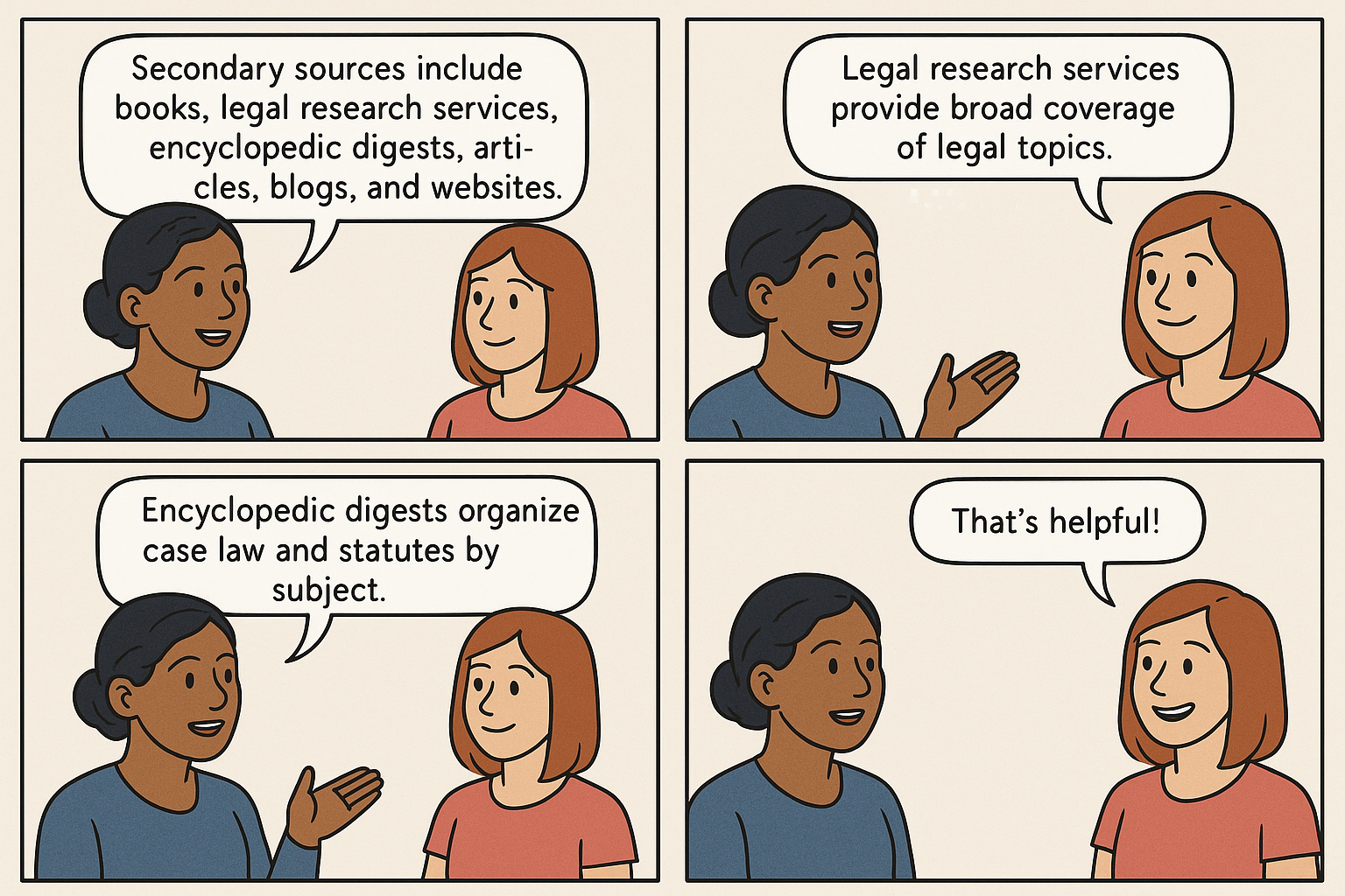 Two women discuss secondary legal sources, including digests, research services, and blogs. One explains, the other says, “That’s helpful!”