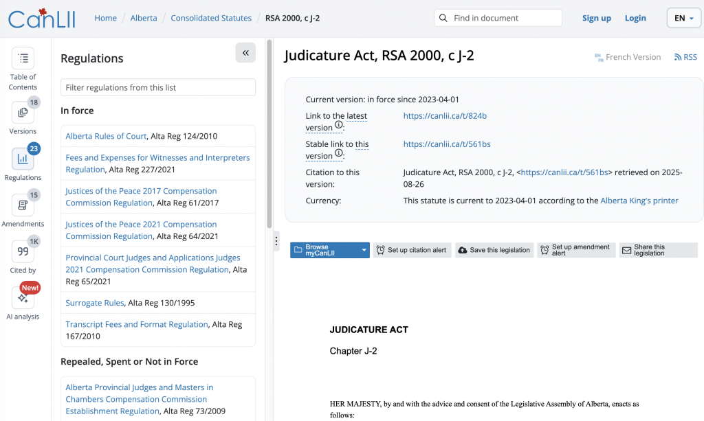 Screenshot of the Judicature Act, RSA 2000 from CanLII listing seven "In force" regulations. Image description available.