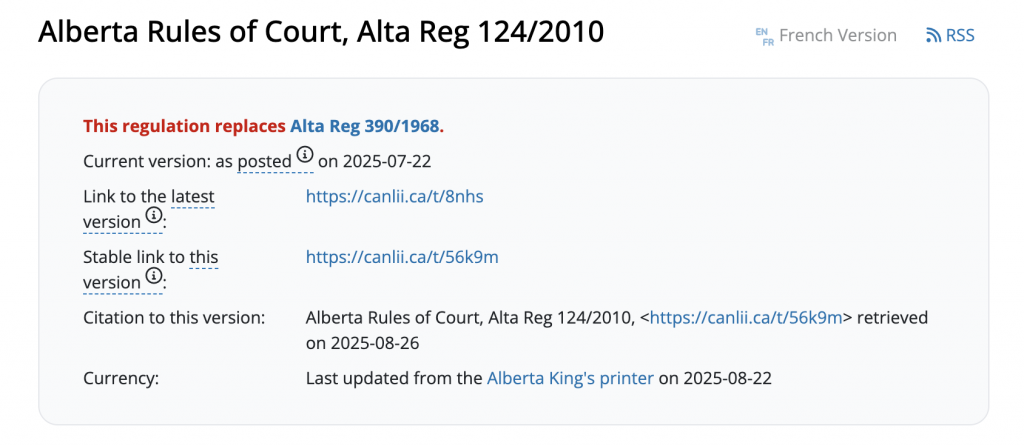 Screenshot of the Alberta Rules of Court, Alta Reg 124/2010 from CanLII. Image description available.