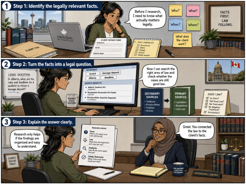 A comic illustrating a paralegal conducting legal research and communicating research findings. Image description available.