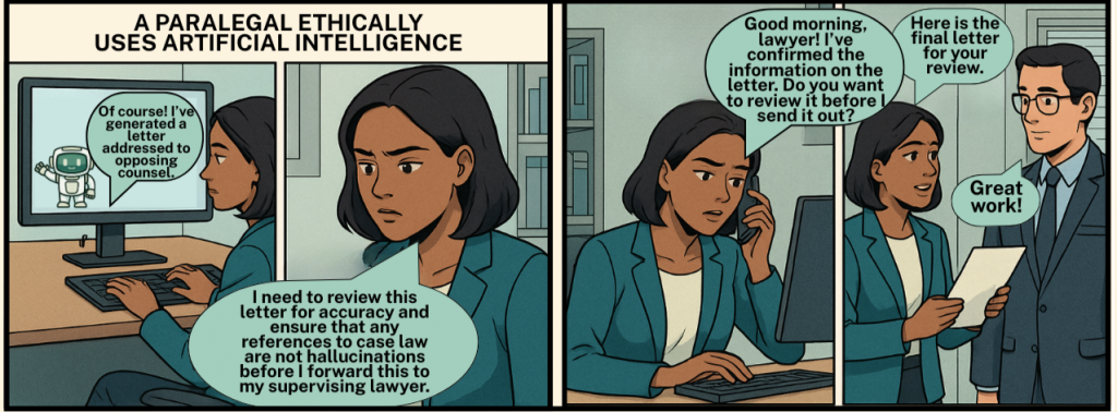 Comic showing a paralegal using AI to draft a letter, verifying accuracy and case law, confirming details with a lawyer, and getting approval for the final version.