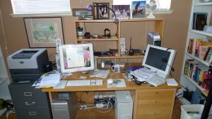 Image of a cluttered and messy office and desk.
