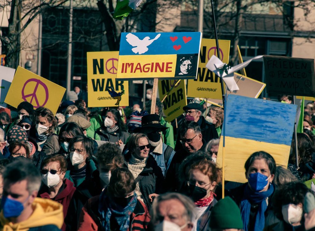 Protesters seeking peace in the war involving Ukraine.