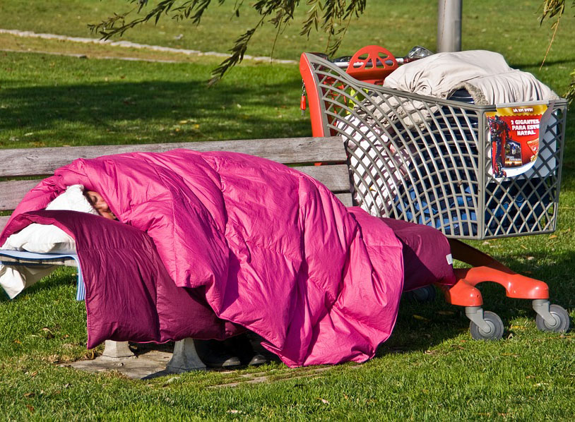 Homeless person sleeping on bench by shopping cart.