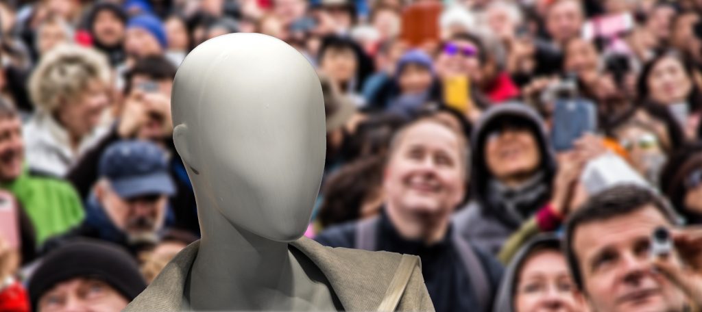 Person without a face in a crowd.