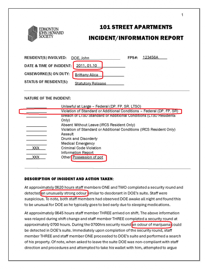 Errors circled: Date & time, Caseworker name, Violation of federal standard, Possession of pot, and description "an unusually strong odour" and "an odour of marijuana"