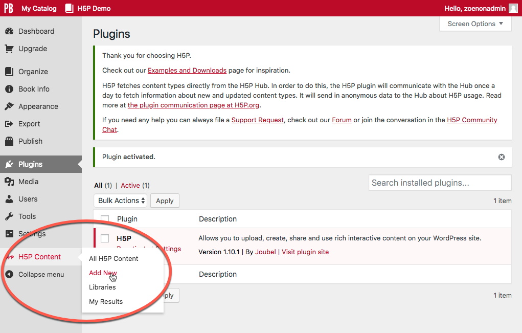 Screenshot of Pressbooks interface showing the action of selecting Add New under H5P Content on the dashboard.