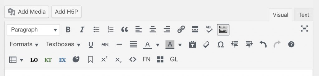 A screenshot of the Pressbooks visual editor toolbar showing various options for formatting text.