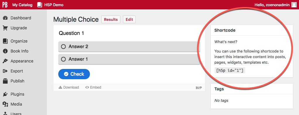 Screenshot of the Pressbooks interface showing the shortcode that should be copied to embed your H5P content into the book.