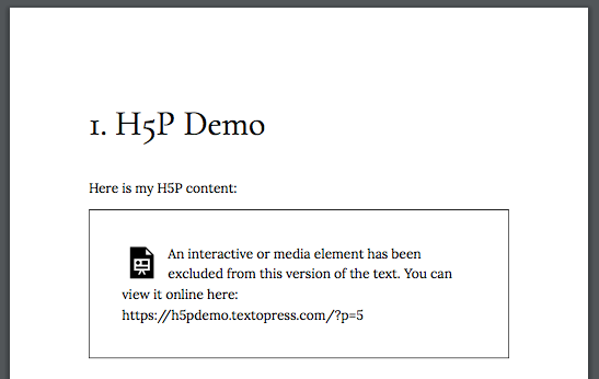 Screenshot of a PDF of a Pressbooks page with H5P content on it, that displays a link for readers to view the content online.