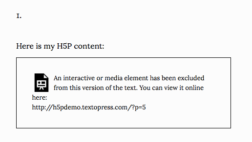 Screenshot of epub version of a Pressbooks page with H5P content on it; displays link for readers to view the content online.